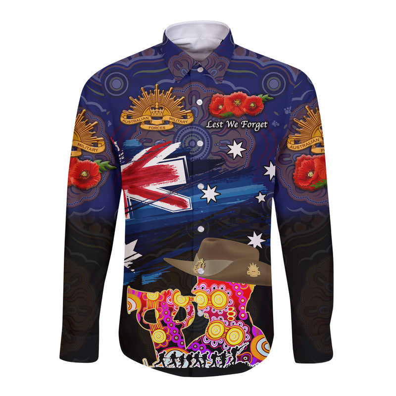 Australia Aboriginal ANZAC Hawaii Long Sleeve Button Shirt Remembrance Vibes - Navy - Vibe Hoodie Shop