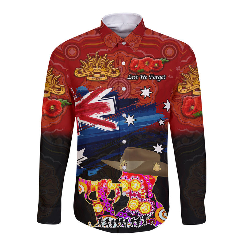 Australia Aboriginal ANZAC Hawaii Long Sleeve Button Shirt Remembrance Vibes - Red - Vibe Hoodie Shop