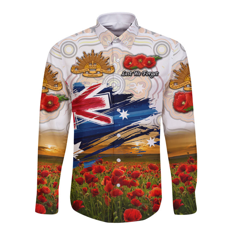 Australia Aboriginal ANZAC Hawaii Long Sleeve Button Shirt Poppy Vibes - White - Vibe Hoodie Shop