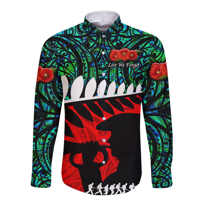 New Zealand Maori ANZAC Hawaii Long Sleeve Button Shirt Remembrance Soldier - Turquoise - Vibe Hoodie Shop