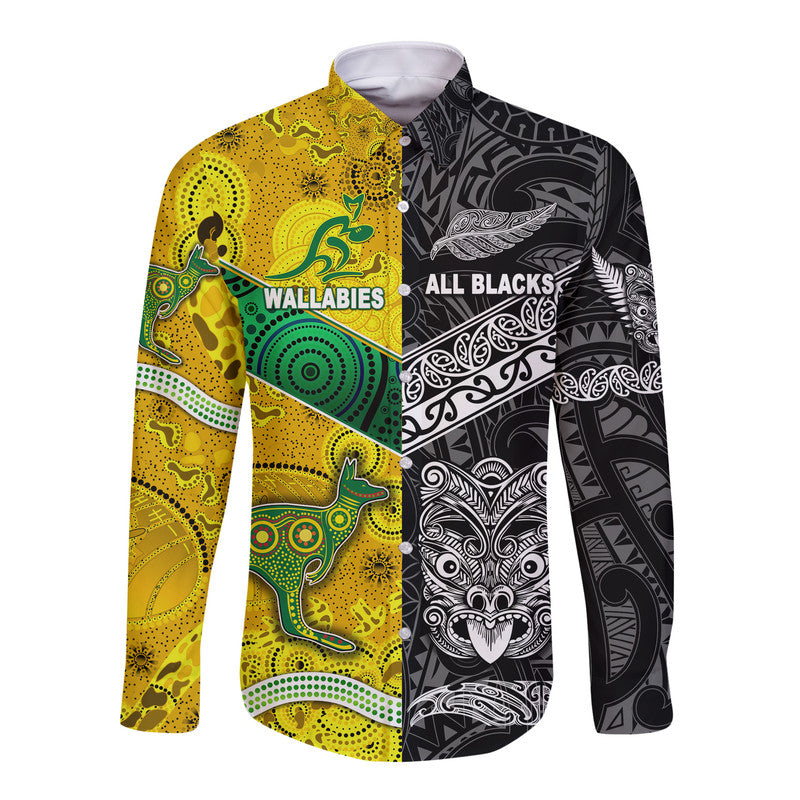 New Zealand Maori All Black And Australia Wallabies Aboriginal Hawaii Long Sleeve Button Shirt Rugby Together - Vibe Hoodie Shop