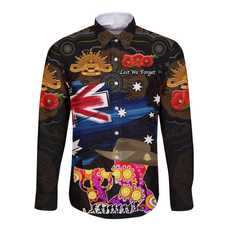 Australia Aboriginal ANZAC Hawaii Long Sleeve Button Shirt Remembrance Vibes - Black - Vibe Hoodie Shop