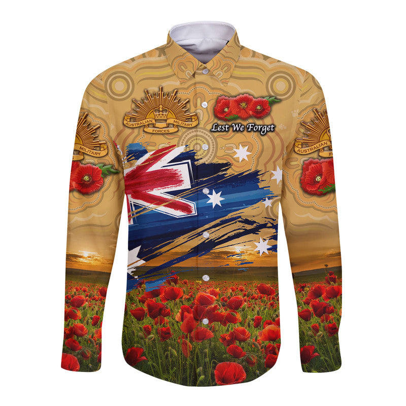 Australia Aboriginal ANZAC Hawaii Long Sleeve Button Shirt Poppy Vibes - Gold - Vibe Hoodie Shop