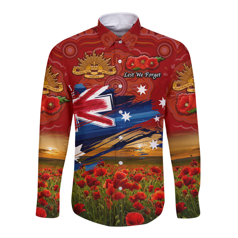 (Custom Personalised) Australia Aboriginal ANZAC Hawaii Long Sleeve Button Shirt Poppy Vibes - Red - Vibe Hoodie Shop