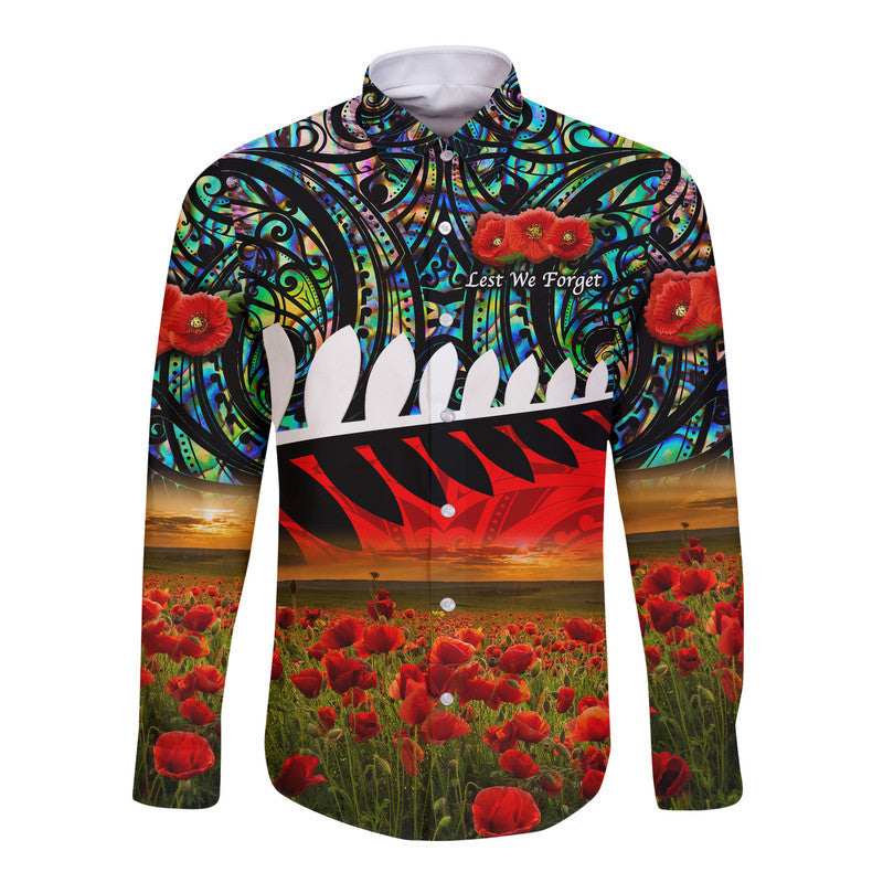 (Custom Personalised) New Zealand Maori ANZAC Hawaii Long Sleeve Button Shirt Poppy Vibes - Paua Shell - Vibe Hoodie Shop