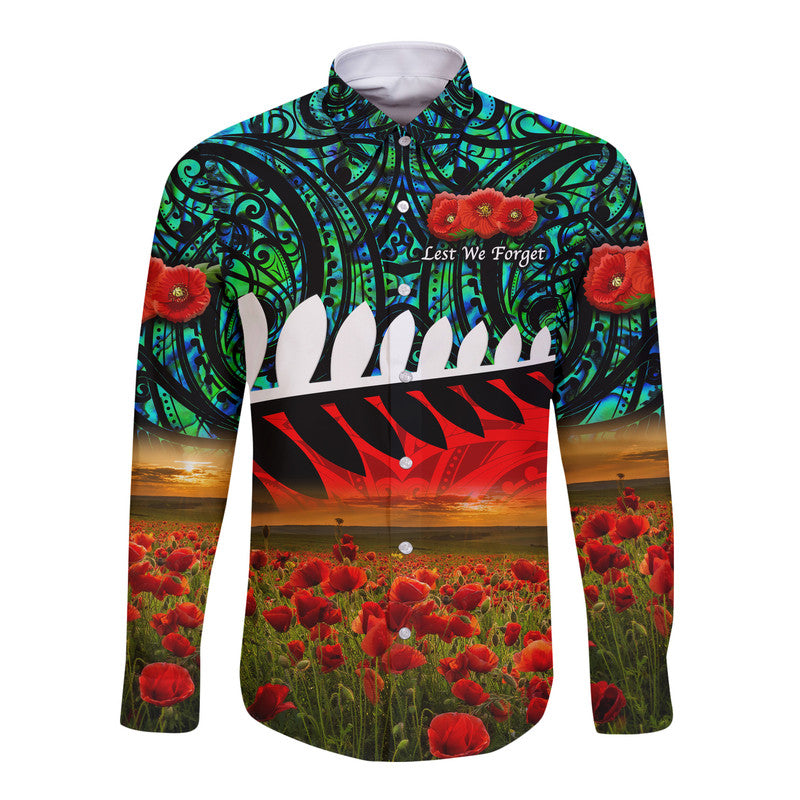 New Zealand Maori ANZAC Hawaii Long Sleeve Button Shirt Poppy Vibes - Turquoise - Vibe Hoodie Shop