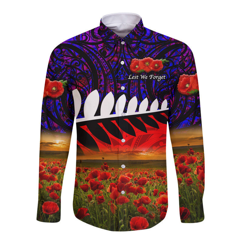 New Zealand Maori ANZAC Hawaii Long Sleeve Button Shirt Poppy Vibes - Purple - Vibe Hoodie Shop