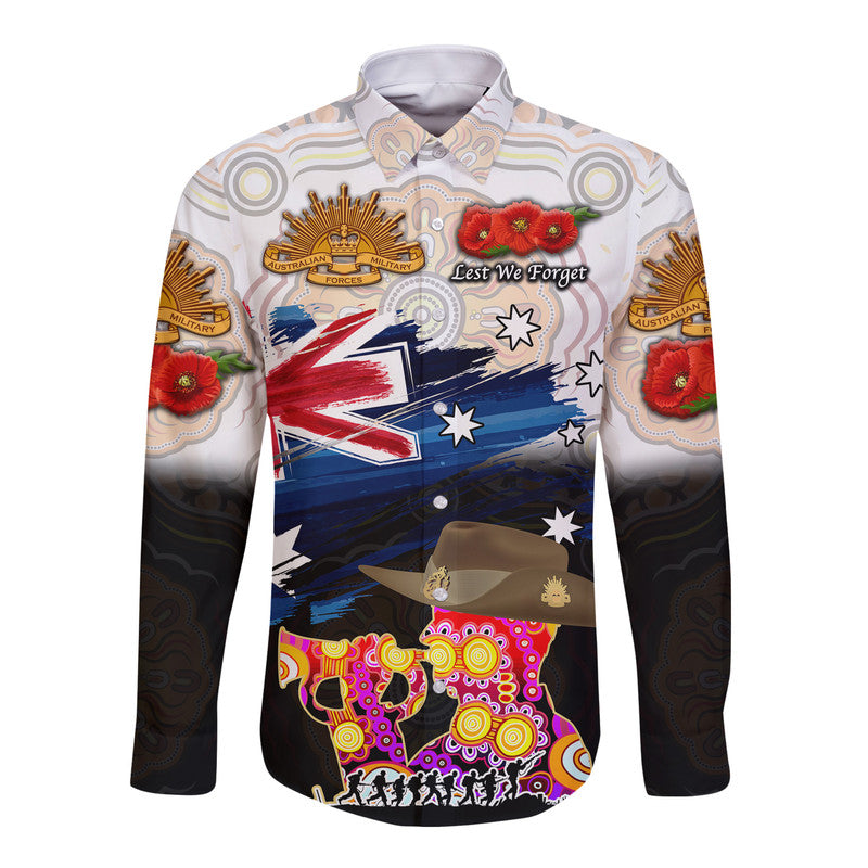 Australia Aboriginal ANZAC Hawaii Long Sleeve Button Shirt Remembrance Vibes - White - Vibe Hoodie Shop