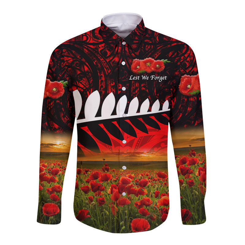 New Zealand Maori ANZAC Hawaii Long Sleeve Button Shirt Poppy Vibes - Red - Vibe Hoodie Shop