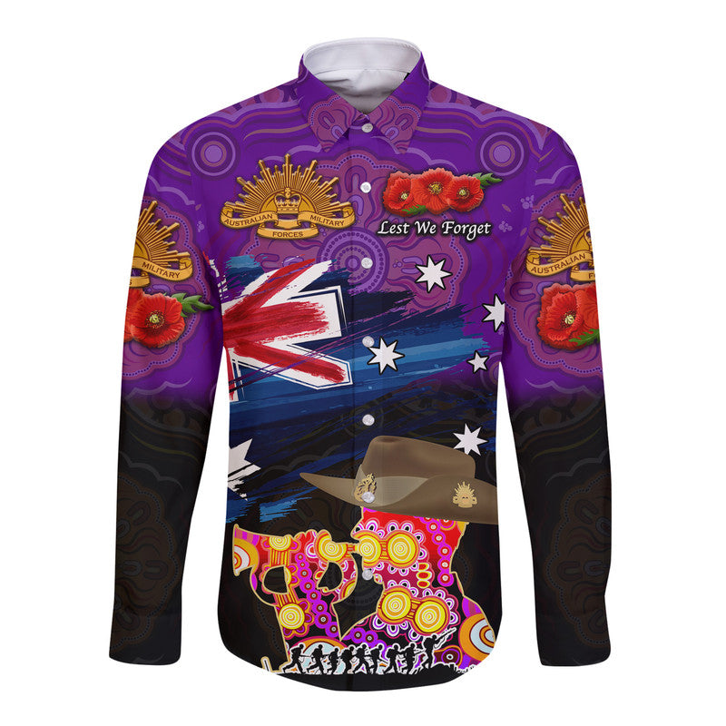 (Custom Personalised) Australia Aboriginal ANZAC Hawaii Long Sleeve Button Shirt Remembrance Vibes - Purple - Vibe Hoodie Shop