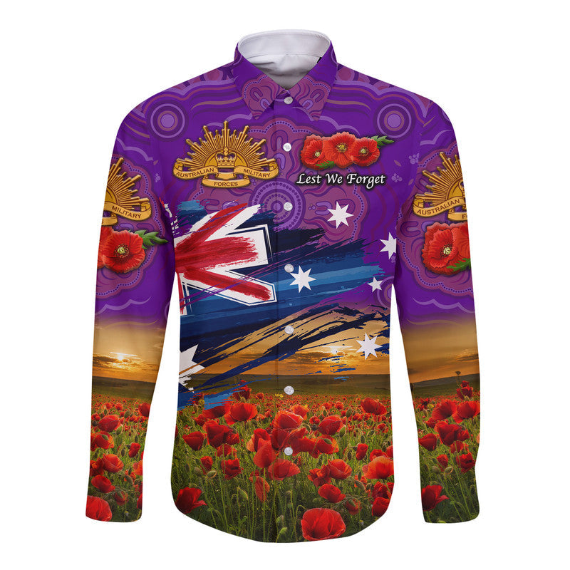 (Custom Personalised) Australia Aboriginal ANZAC Hawaii Long Sleeve Button Shirt Poppy Vibes - Purple - Vibe Hoodie Shop