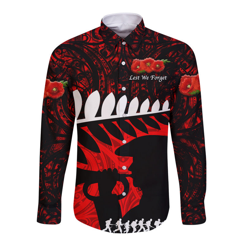 (Custom Personalised) New Zealand Maori ANZAC Hawaii Long Sleeve Button Shirt Remembrance Soldier - Red - Vibe Hoodie Shop