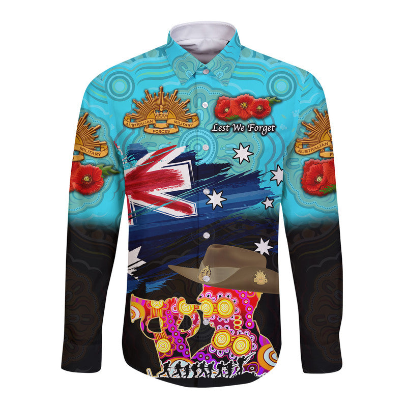 Australia Aboriginal ANZAC Hawaii Long Sleeve Button Shirt Remembrance Vibes - Blue - Vibe Hoodie Shop