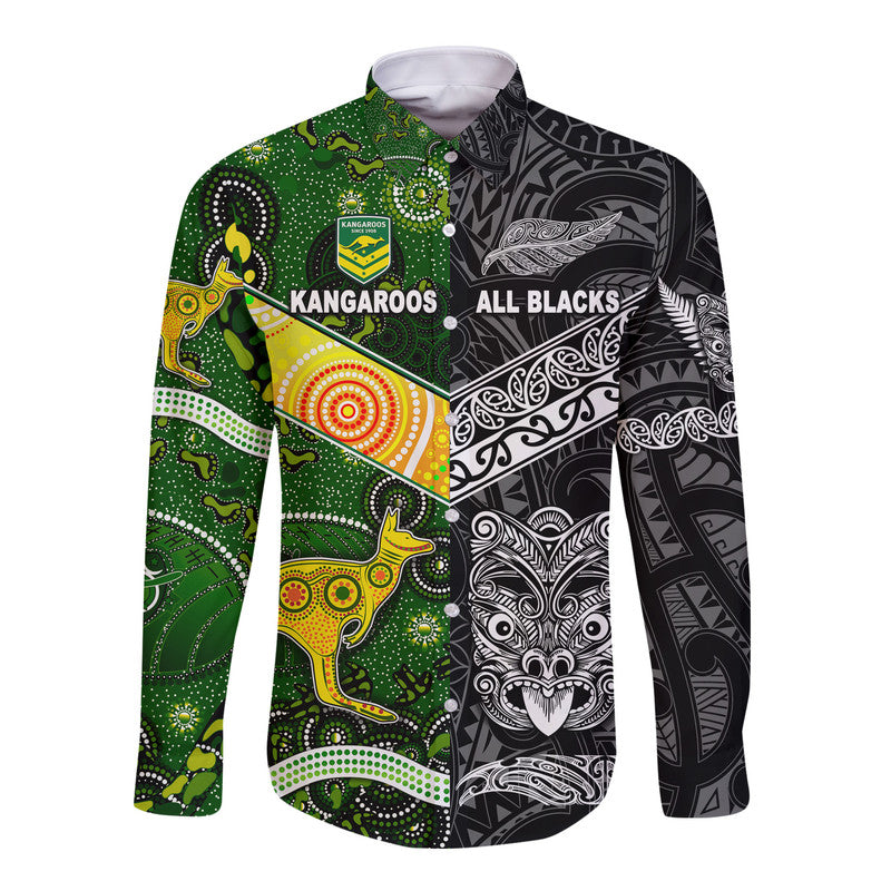 New Zealand Maori All Black And Australia Kangaroos Aboriginal Hawaii Long Sleeve Button Shirt Rugby Together - Vibe Hoodie Shop