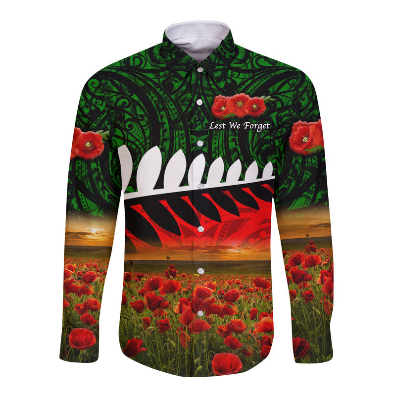 New Zealand Maori ANZAC Hawaii Long Sleeve Button Shirt Poppy Vibes - Green - Vibe Hoodie Shop