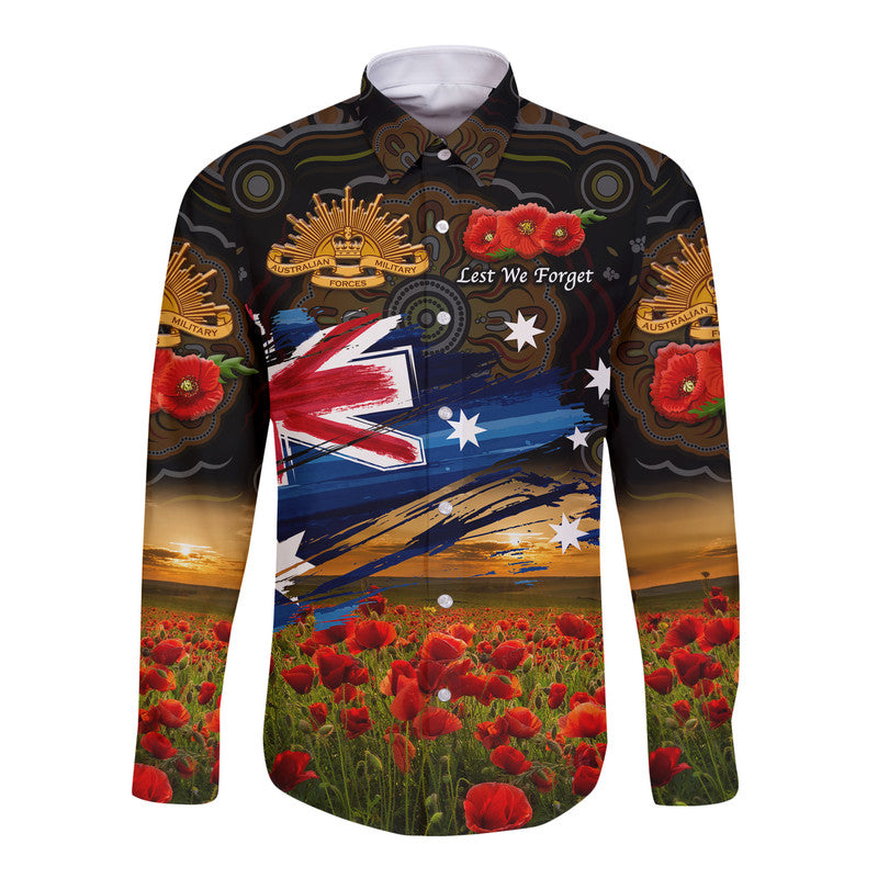 Australia Aboriginal ANZAC Hawaii Long Sleeve Button Shirt Poppy Vibes - Black - Vibe Hoodie Shop