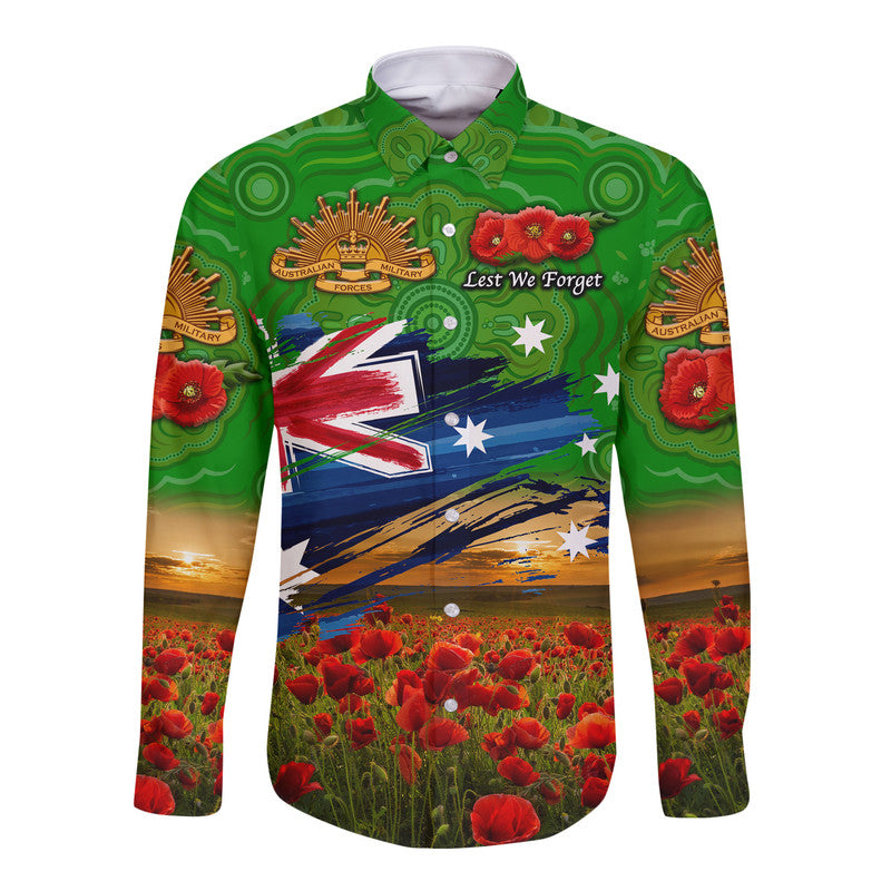 (Custom Personalised) Australia Aboriginal ANZAC Hawaii Long Sleeve Button Shirt Poppy Vibes - Green - Vibe Hoodie Shop