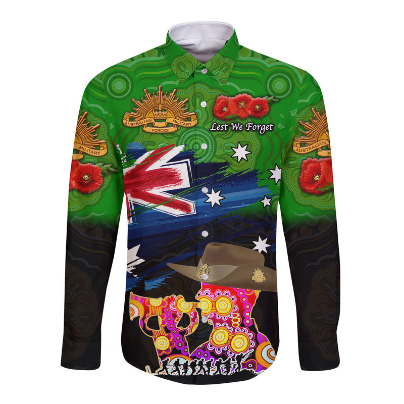 Australia Aboriginal ANZAC Hawaii Long Sleeve Button Shirt Remembrance Vibes - Green - Vibe Hoodie Shop