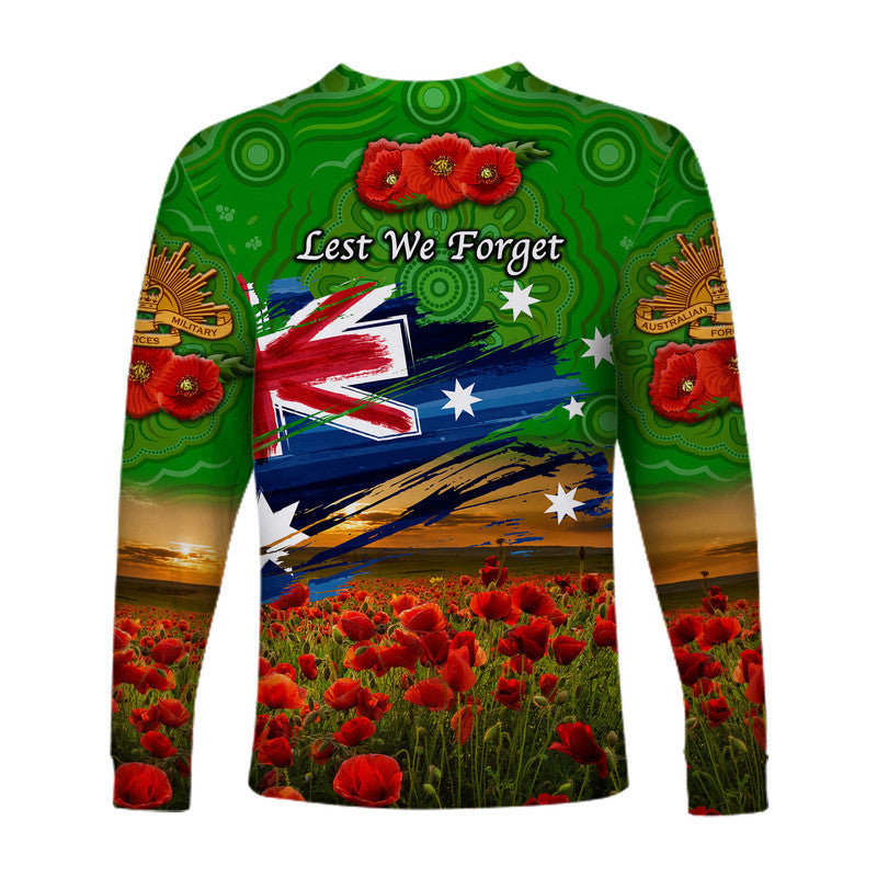 Australia Aboriginal ANZAC Long Sleeve Shirt Poppy Vibes - Green - Vibe Hoodie Shop