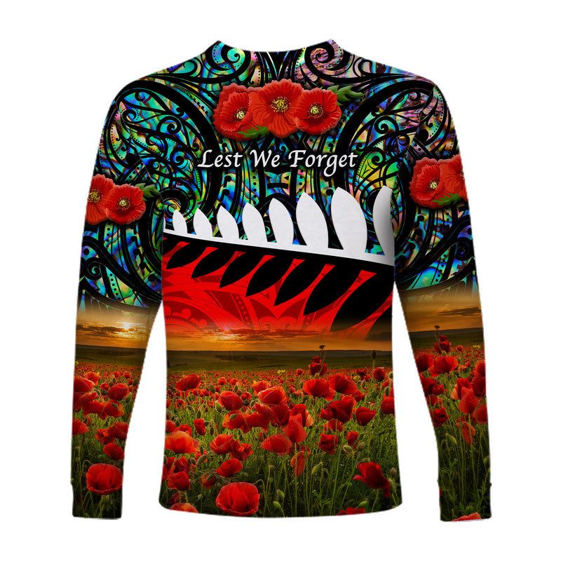 New Zealand Maori ANZAC Long Sleeve Shirt Poppy Vibes - Paua Shell - Vibe Hoodie Shop