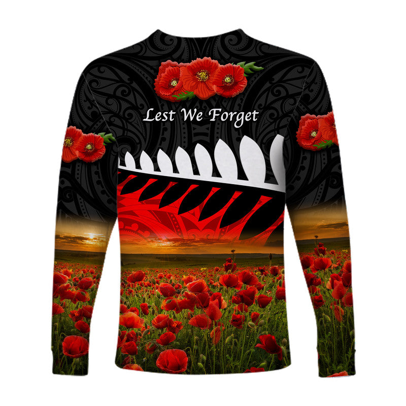 New Zealand Maori ANZAC Long Sleeve Shirt Poppy Vibes - Black - Vibe Hoodie Shop