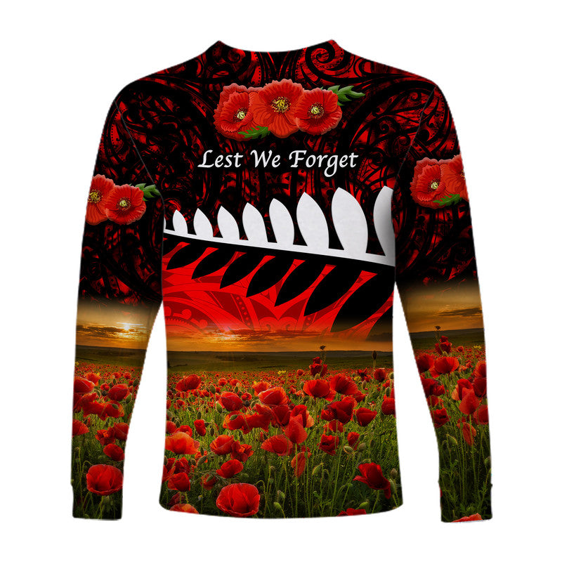 New Zealand Maori ANZAC Long Sleeve Shirt Poppy Vibes - Red - Vibe Hoodie Shop