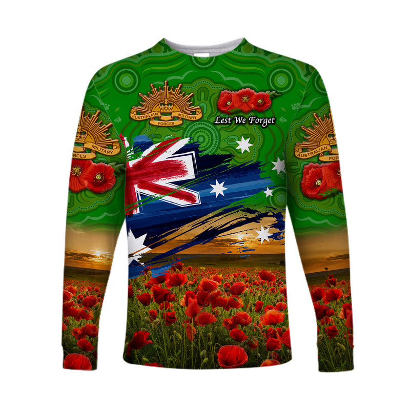 (Custom Personalised) Australia Aboriginal ANZAC Long Sleeve Shirt Poppy Vibes - Green - Vibe Hoodie Shop