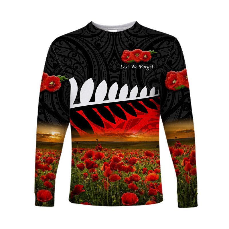 New Zealand Maori ANZAC Long Sleeve Shirt Poppy Vibes - Black - Vibe Hoodie Shop