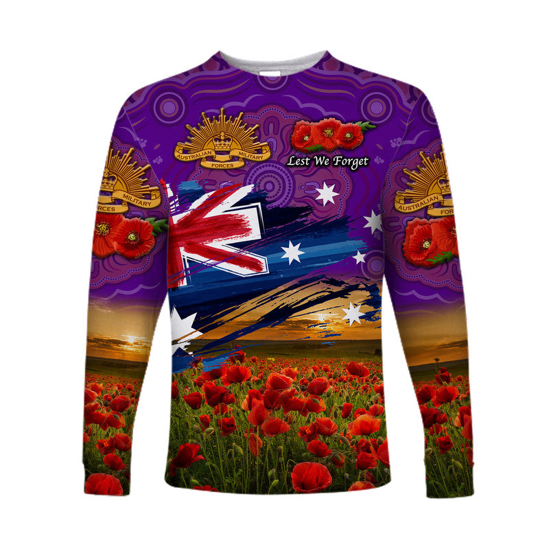 (Custom Personalised) Australia Aboriginal ANZAC Long Sleeve Shirt Poppy Vibes - Purple - Vibe Hoodie Shop