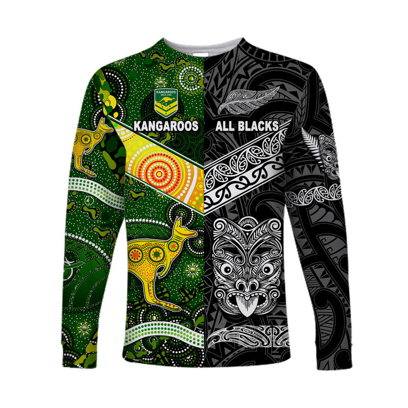 New Zealand Maori All Black And Australia Kangaroos Aboriginal Long Sleeve Shirt Rugby Together - Vibe Hoodie Shop