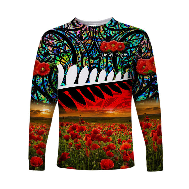 (Custom Personalised) New Zealand Maori ANZAC Long Sleeve Shirt Poppy Vibes - Paua Shell - Vibe Hoodie Shop