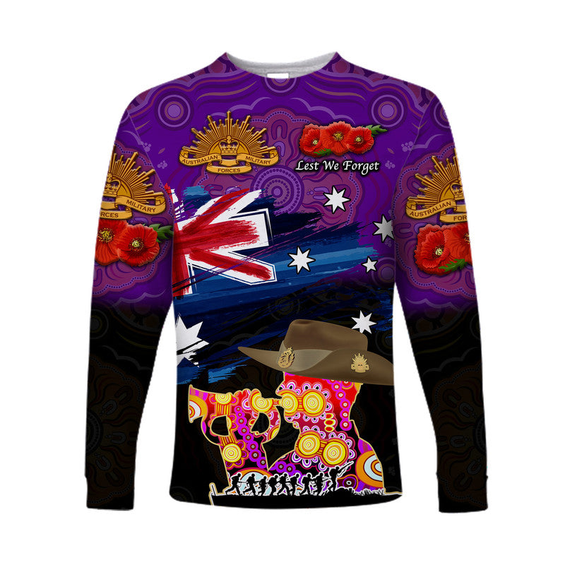 Australia Aboriginal ANZAC Long Sleeve Shirt Remembrance Vibes - Purple - Vibe Hoodie Shop