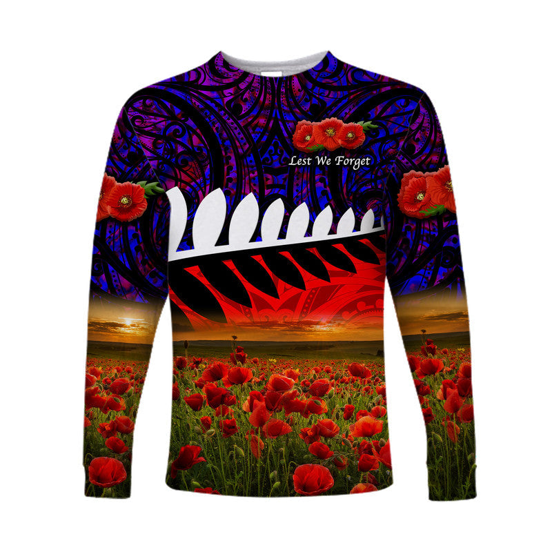 (Custom Personalised) New Zealand Maori ANZAC Long Sleeve Shirt Poppy Vibes - Purple - Vibe Hoodie Shop