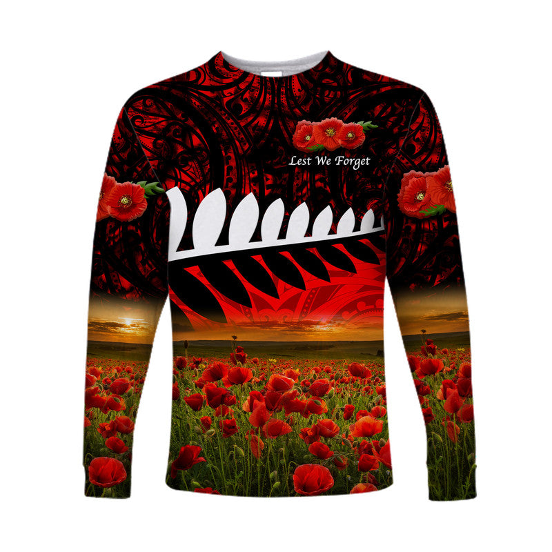 New Zealand Maori ANZAC Long Sleeve Shirt Poppy Vibes - Red - Vibe Hoodie Shop