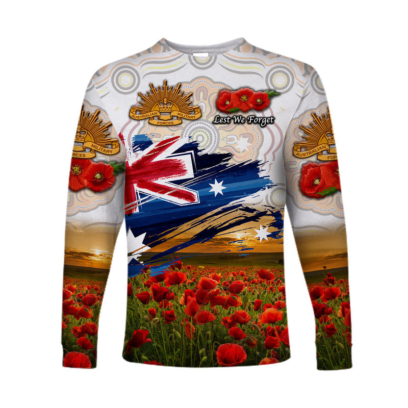 (Custom Personalised) Australia Aboriginal ANZAC Long Sleeve Shirt Poppy Vibes - White - Vibe Hoodie Shop