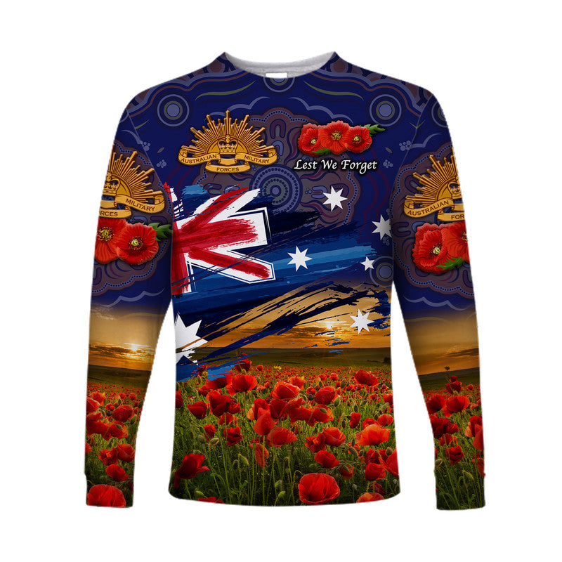 (Custom Personalised) Australia Aboriginal ANZAC Long Sleeve Shirt Poppy Vibes - Navy - Vibe Hoodie Shop