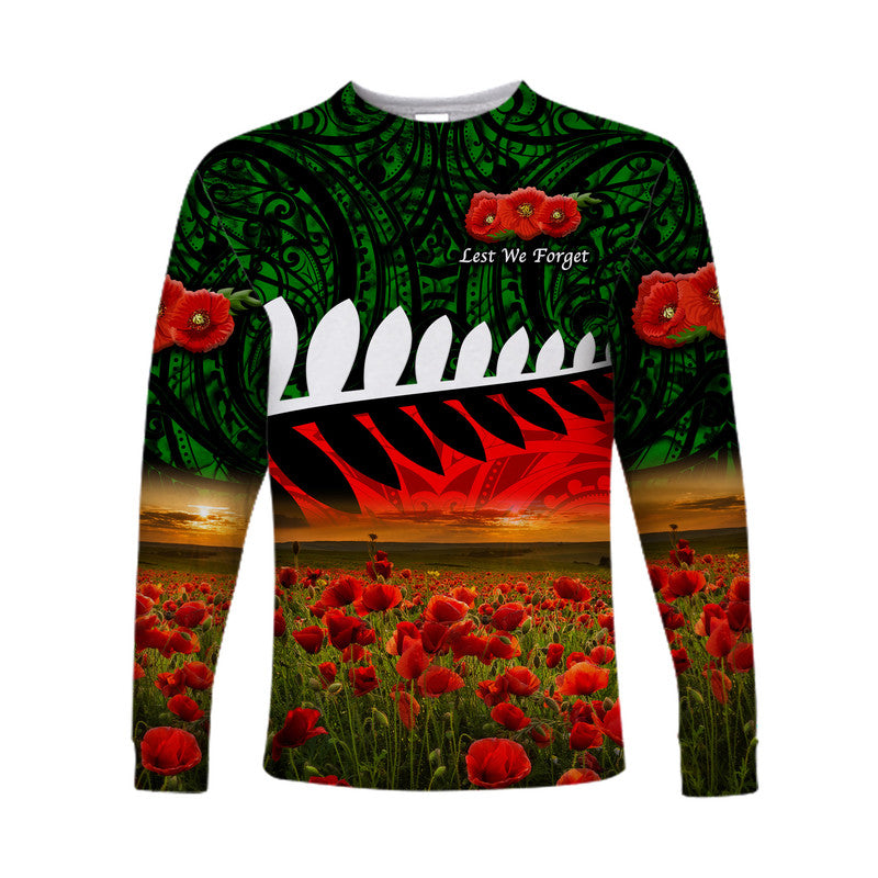 (Custom Personalised) New Zealand Maori ANZAC Long Sleeve Shirt Poppy Vibes - Green - Vibe Hoodie Shop