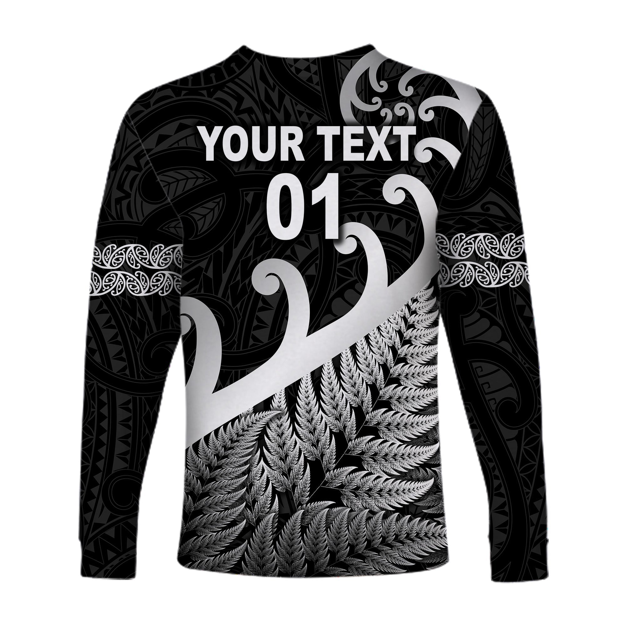 (Custom Personalised) New Zealand Rugby Maori Long Sleeve Shirt Silver Fern Koru Vibes - Black - Vibe Hoodie Shop