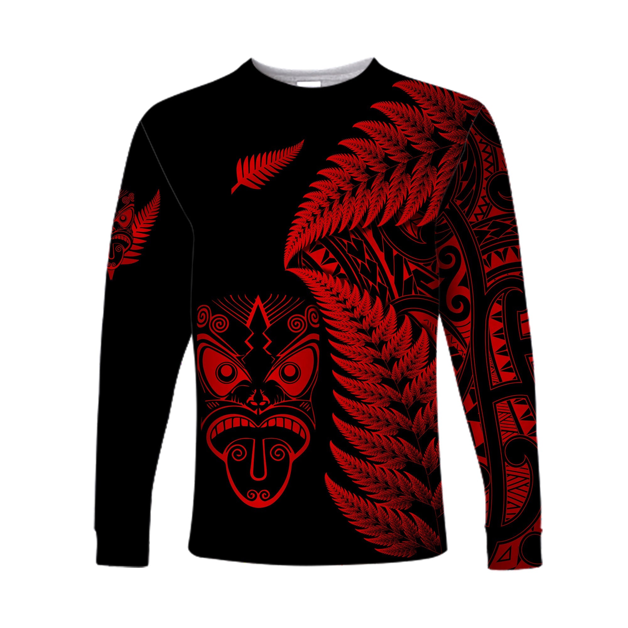 (Custom Personalised) New Zealand Haka Rugby Maori Long Sleeve Shirt Silver Fern Vibes - Red - Vibe Hoodie Shop