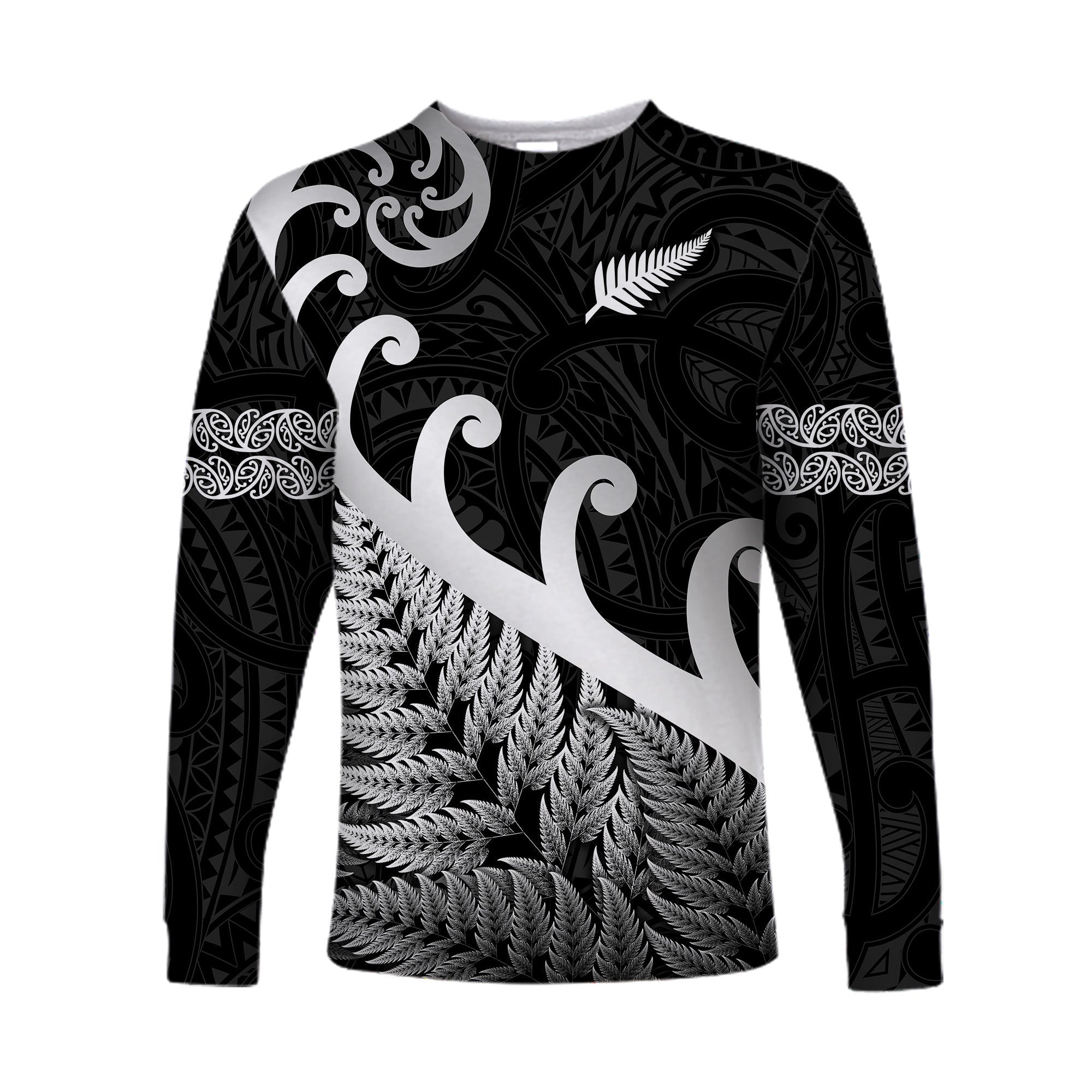 (Custom Personalised) New Zealand Rugby Maori Long Sleeve Shirt Silver Fern Koru Vibes - Black - Vibe Hoodie Shop