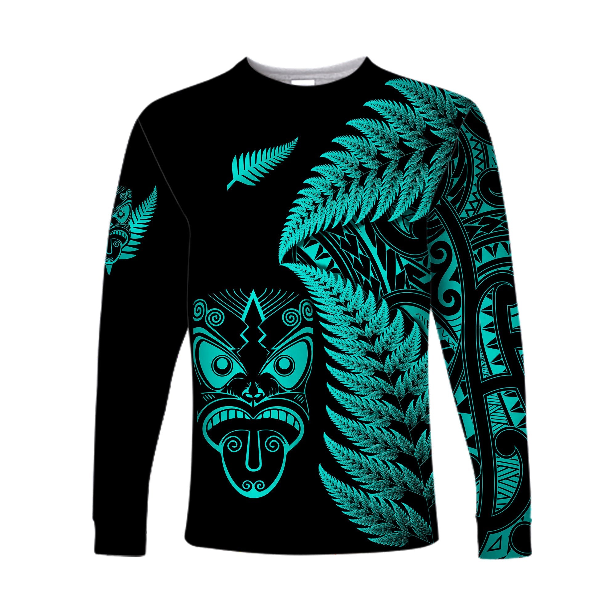New Zealand Haka Rugby Maori Long Sleeve Shirt Silver Fern Vibes - Turquoise - Vibe Hoodie Shop