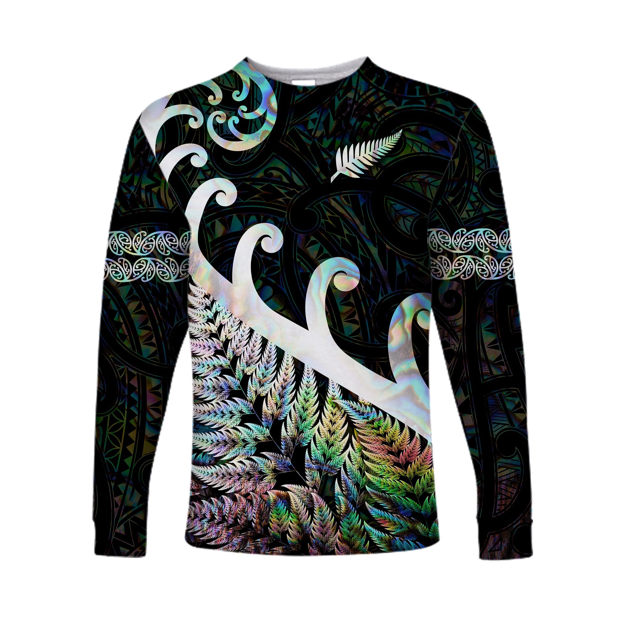 New Zealand Rugby Maori Long Sleeve Shirt Silver Fern Koru Vibes - Paua Shell - Vibe Hoodie Shop
