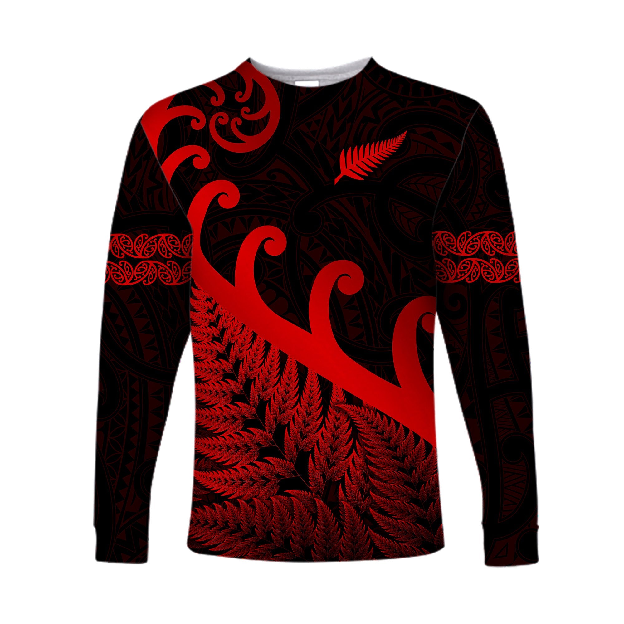 (Custom Personalised) New Zealand Rugby Maori Long Sleeve Shirt Silver Fern Koru Vibes - Red - Vibe Hoodie Shop