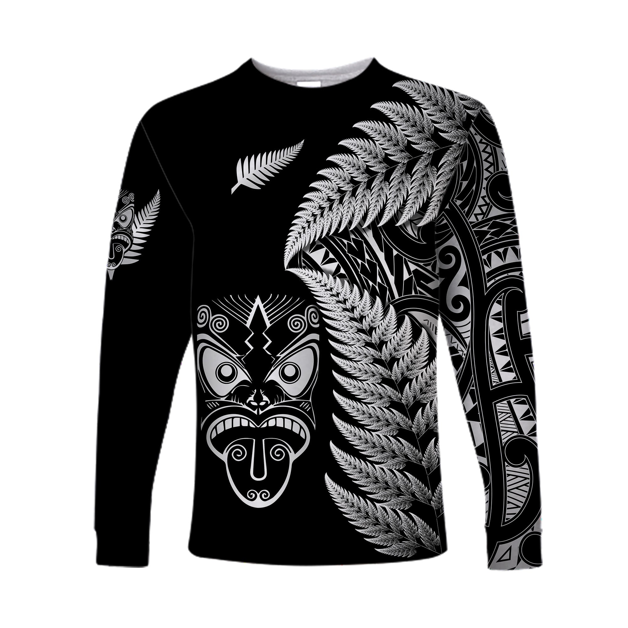 (Custom Personalised) New Zealand Haka Rugby Maori Long Sleeve Shirt Silver Fern Vibes - Black - Vibe Hoodie Shop