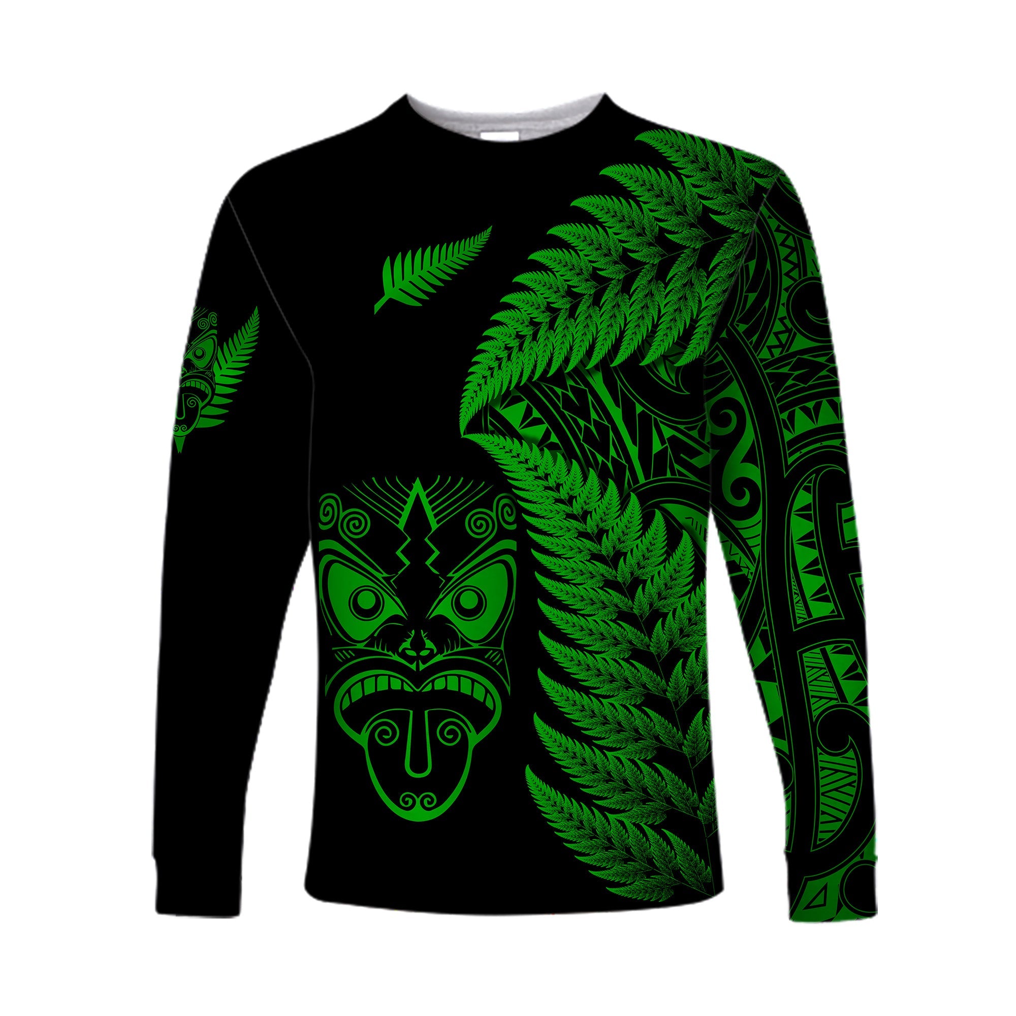 New Zealand Haka Rugby Maori Long Sleeve Shirt Silver Fern Vibes - Green - Vibe Hoodie Shop