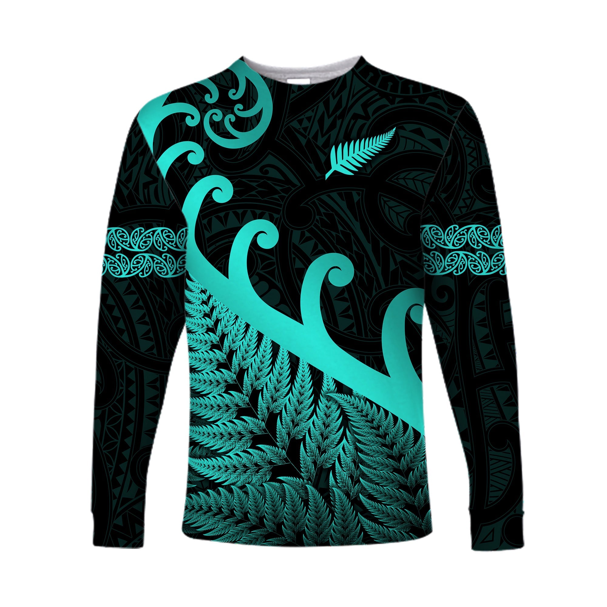 (Custom Personalised) New Zealand Rugby Maori Long Sleeve Shirt Silver Fern Koru Vibes - Turquoise - Vibe Hoodie Shop