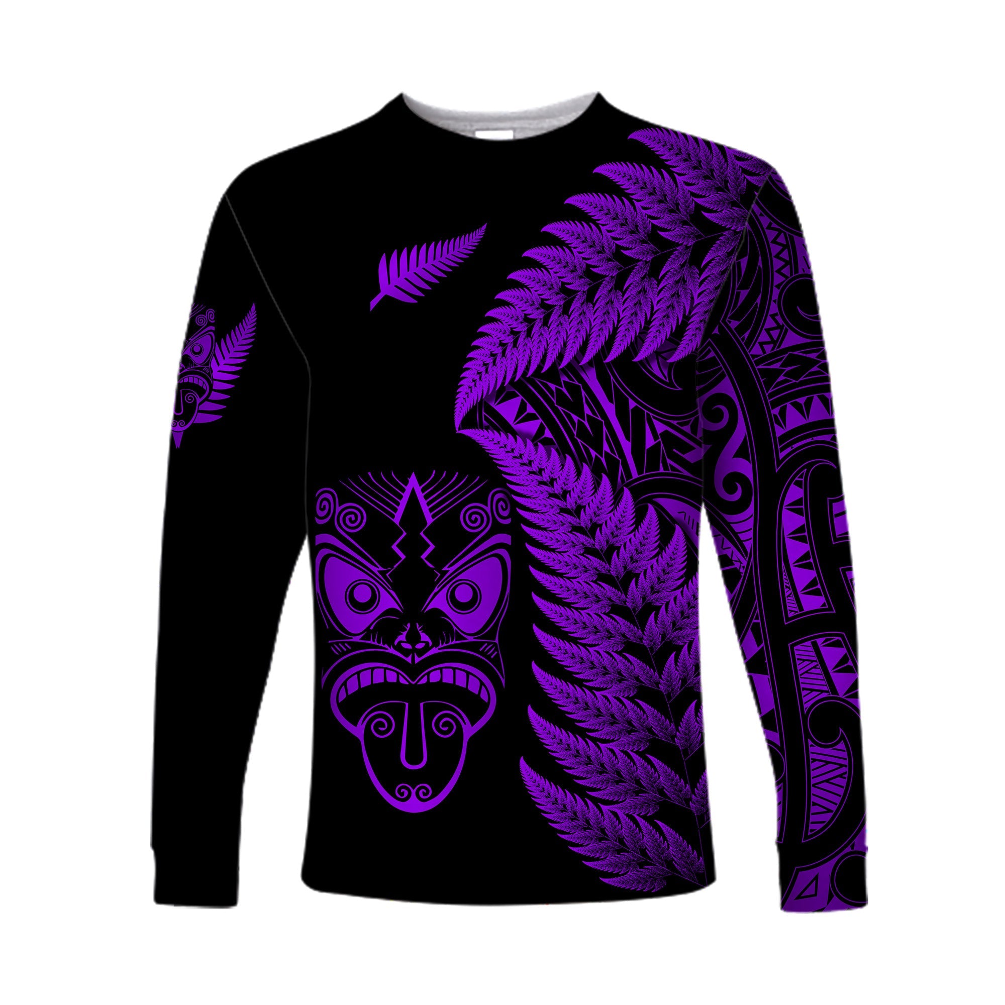 New Zealand Haka Rugby Maori Long Sleeve Shirt Silver Fern Vibes - Purple - Vibe Hoodie Shop