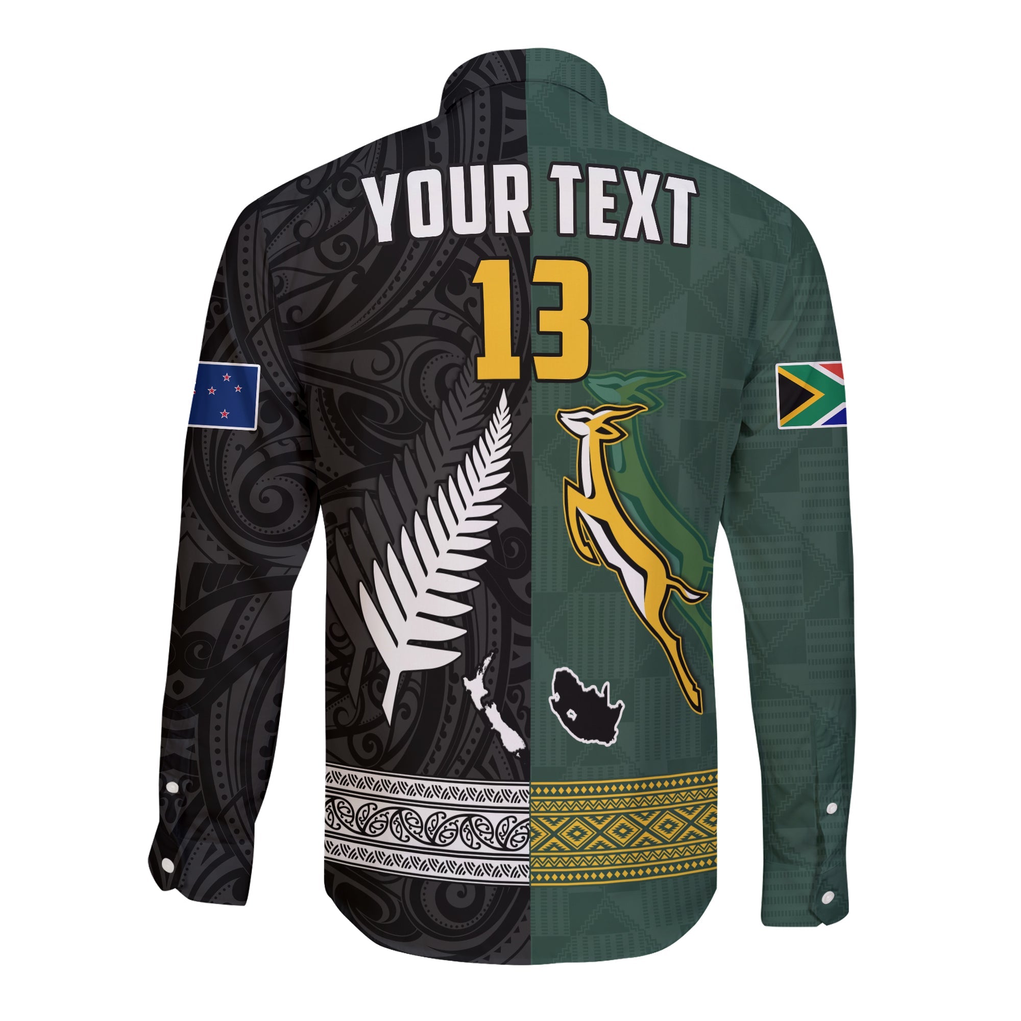 (Custom Text and Number) South Africa Protea and New Zealand Fern Long Sleeve Button Shirt Rugby Go Springboks vs All Black - Vibe Hoodie Shop