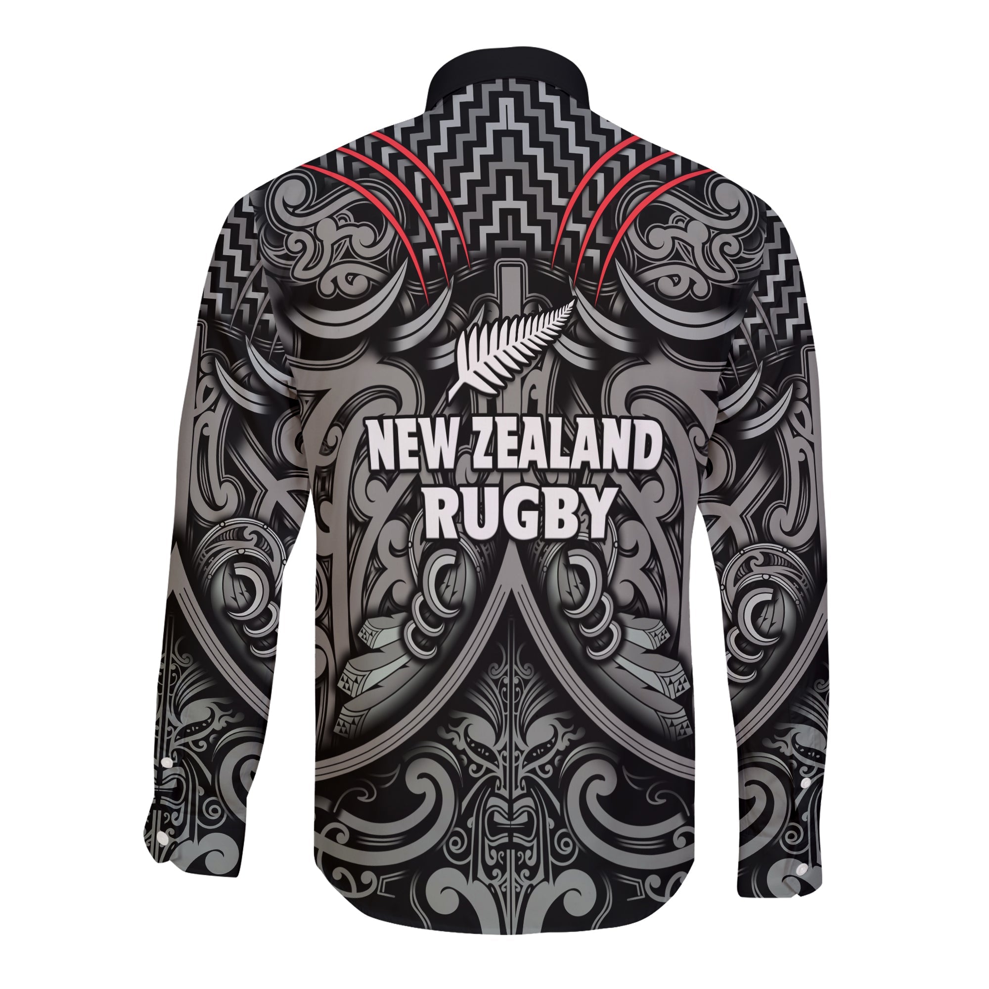 New Zealand Silver Fern Rugby Long Sleeve Button Shirt All Black NZ Maori Pattern - Vibe Hoodie Shop