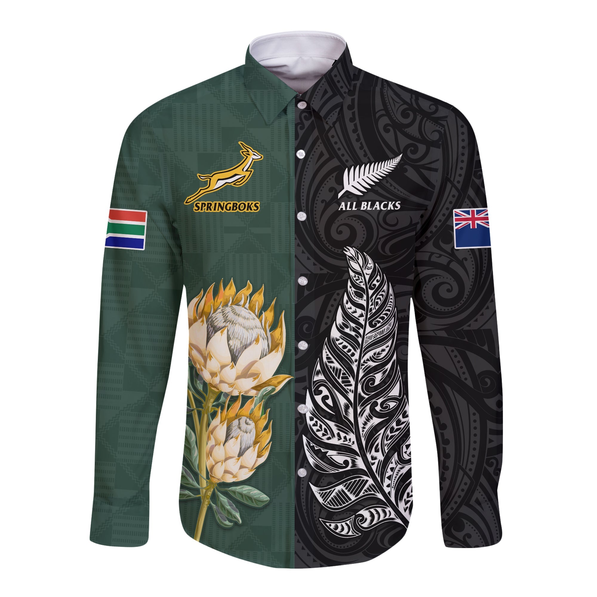 (Custom Text and Number) South Africa Protea and New Zealand Fern Long Sleeve Button Shirt Rugby Go Springboks vs All Black - Vibe Hoodie Shop